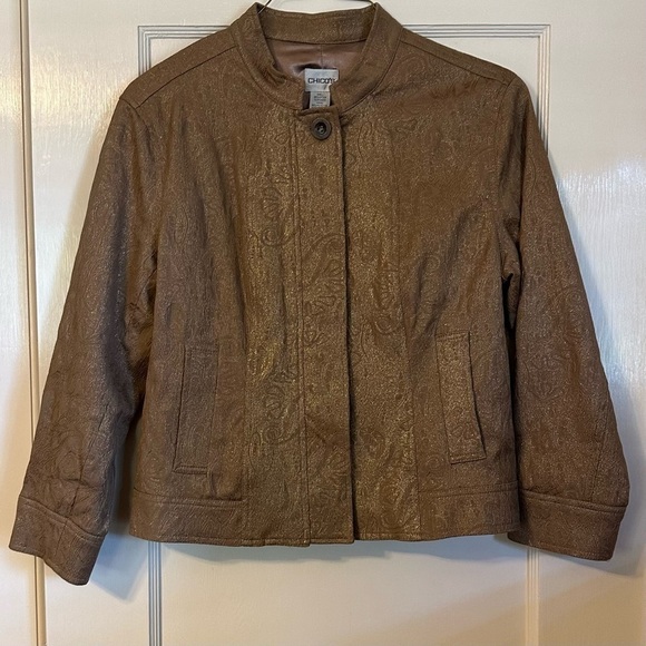 Chico’s Jacket Boxy Muted Leaf Print in Latte Brown w/ Metallic Gold Sheen Sz M - Picture 2 of 11